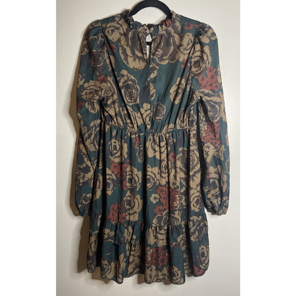 Floral Dress Mock Neck Lantern Sleeve Ruffle Hem Floral Dress Size Large - Picture 7 of 7